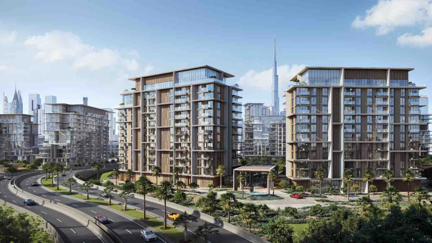 City Walk Crestlane Dubai community view with water features and landscaped gardens